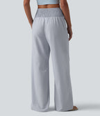 High Waisted Shirred Wide Leg Quick Dry Crinkle Casual Trousers with Pockets — Powder Blue Solid — view 2