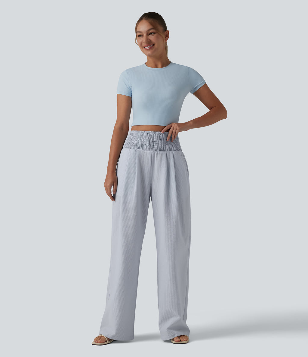 High Waisted Shirred Wide Leg Quick Dry Crinkle Casual Trousers with Pockets — Powder Blue Solid — view 6