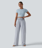 High Waisted Shirred Wide Leg Quick Dry Crinkle Casual Trousers with Pockets — Powder Blue Solid — view 6