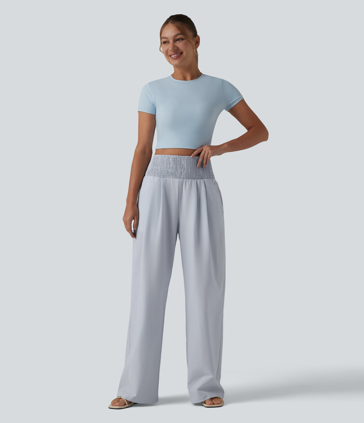 High Waisted Shirred Wide Leg Quick Dry Crinkle Casual Trousers with Pockets — Powder Blue Solid — view 6