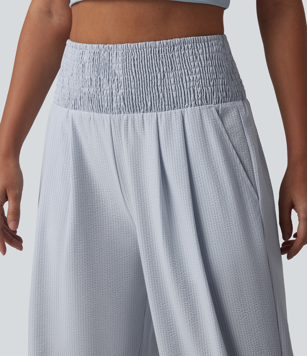 High Waisted Shirred Wide Leg Quick Dry Crinkle Casual Trousers with Pockets — Powder Blue Solid — view 5