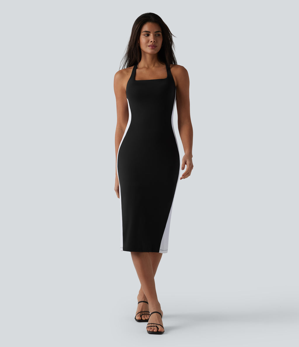Airy Built-in Bra Tummy Control Built-in Shapewear Bodycon Color Block InstantCool Midi Dress-Edition — Carbon Black — view 4