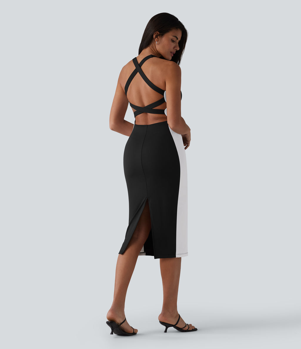 Airy Built-in Bra Tummy Control Built-in Shapewear Bodycon Color Block InstantCool Midi Dress-Edition — Carbon Black — view 3