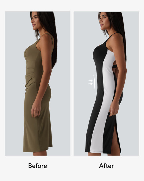 Airy Built-in Bra Tummy Control Built-in Shapewear Bodycon Color Block InstantCool Midi Dress-Edition — Carbon Black — view 2