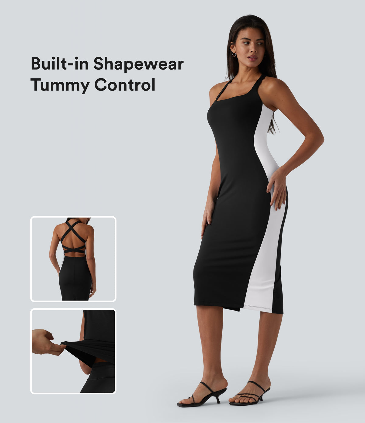Airy Built-in Bra Tummy Control Built-in Shapewear Bodycon Color Block InstantCool Midi Dress-Edition — Carbon Black — view 1