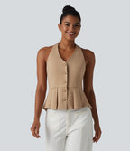 Halter Tie Back Pleated Casual Tank Top — Tan — view 2