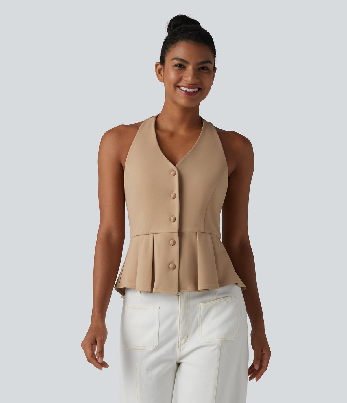 Halter Tie Back Pleated Casual Tank Top — Tan — view 2