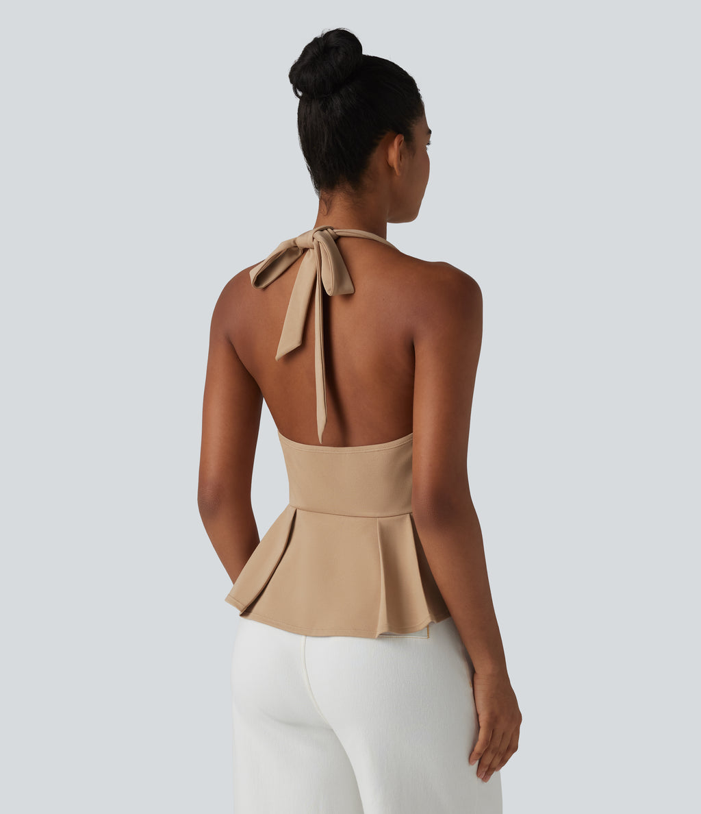Halter Tie Back Pleated Casual Tank Top — Tan — view 4