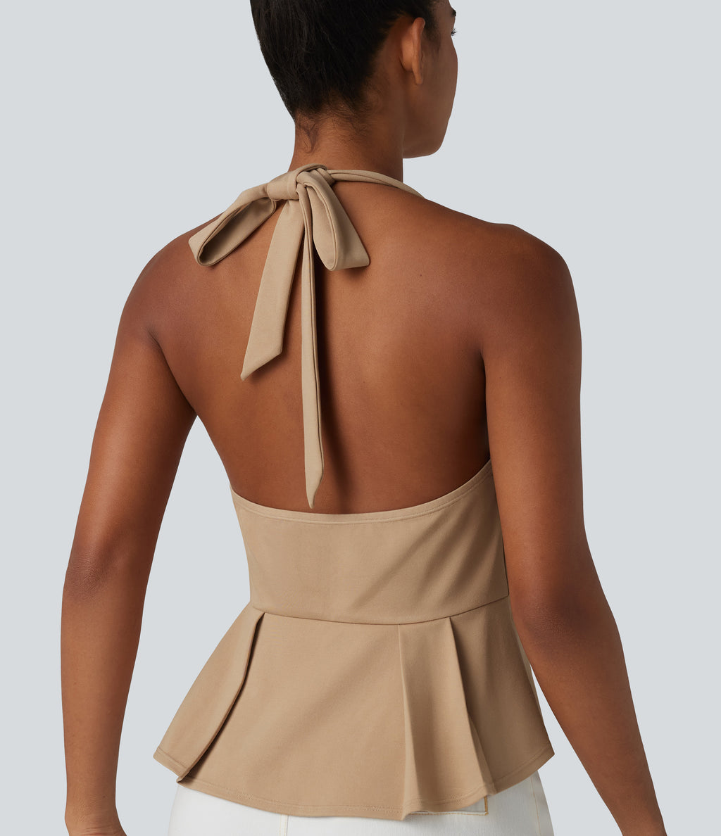 Halter Tie Back Pleated Casual Tank Top — Tan — view 1