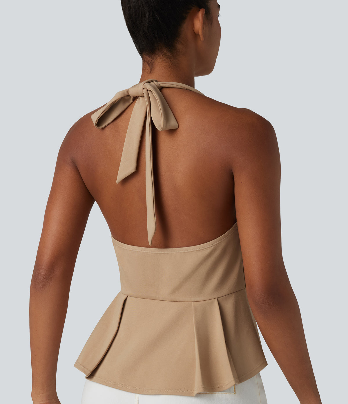 Halter Tie Back Pleated Casual Tank Top — Tan — view 1