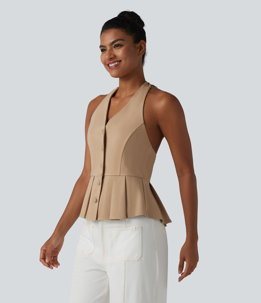 Halter Tie Back Pleated Casual Tank Top — Tan — view 3