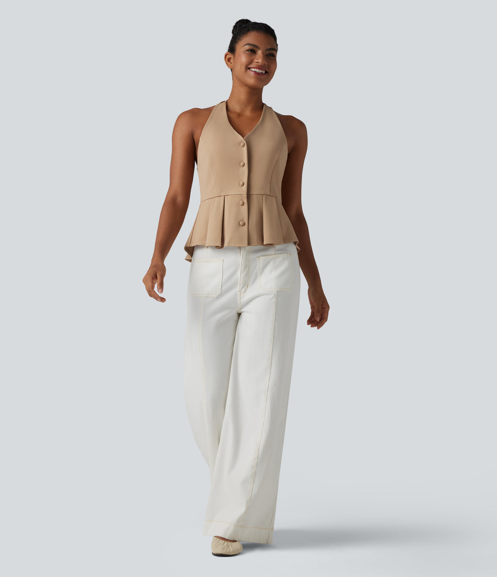 Halter Tie Back Pleated Casual Tank Top — Tan — view 6