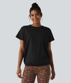 Round Neck Short Sleeve Ruched InstantCool Yoga Sports Top-UPF50+ — Black — view 6