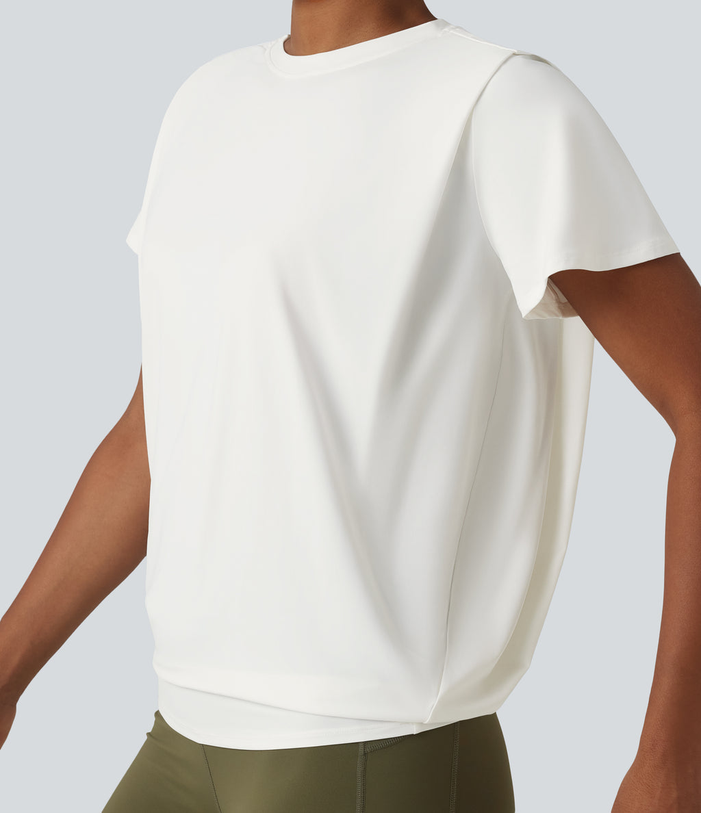 Round Neck Short Sleeve Ruched InstantCool Yoga Sports Top-UPF50+ — White — view 4