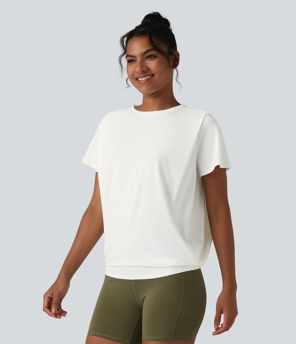 Round Neck Short Sleeve Ruched InstantCool Yoga Sports Top-UPF50+ — White — view 1