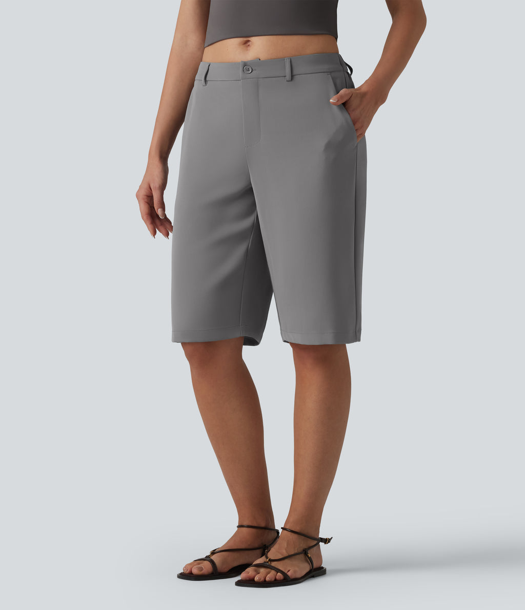 Mid Rise Pedal Pushers Work Straight Leg Trousers with Pockets — Mockingbird — view 2