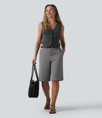 Mid Rise Pedal Pushers Work Straight Leg Trousers with Pockets — Mockingbird — view 1