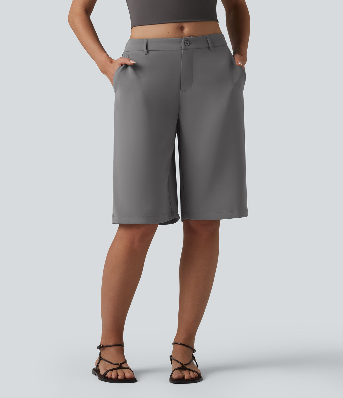 Mid Rise Pedal Pushers Work Straight Leg Trousers with Pockets — Mockingbird — view 4
