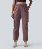 High Waisted Adjustable Drawcord Workout Cargo Tapered Trousers with Pockets — Purple Sandalwood — view 3