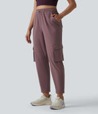 High Waisted Adjustable Drawcord Workout Cargo Tapered Trousers with Pockets — Purple Sandalwood — view 2