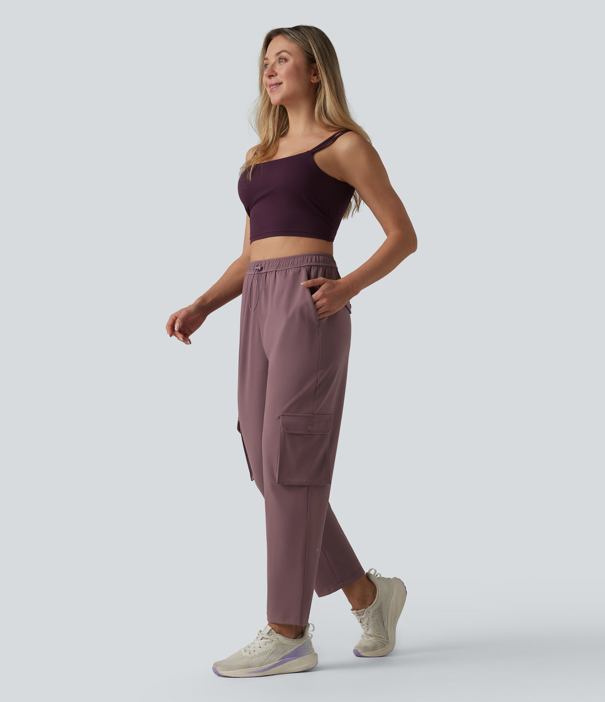 High Waisted Adjustable Drawcord Workout Cargo Tapered Trousers with Pockets — Purple Sandalwood — view 6