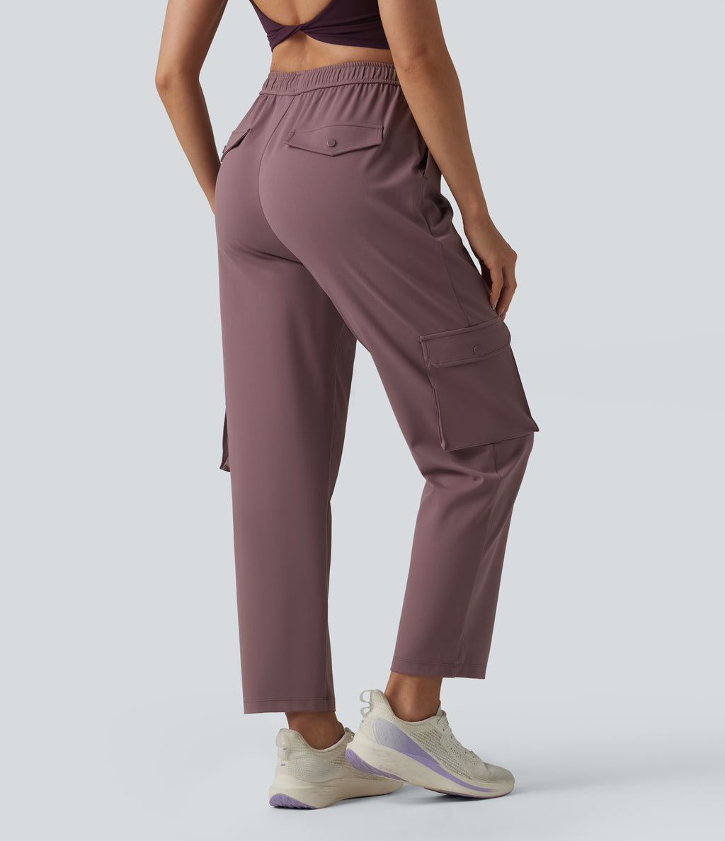 High Waisted Adjustable Drawcord Workout Cargo Tapered Trousers with Pockets — Purple Sandalwood — view 1