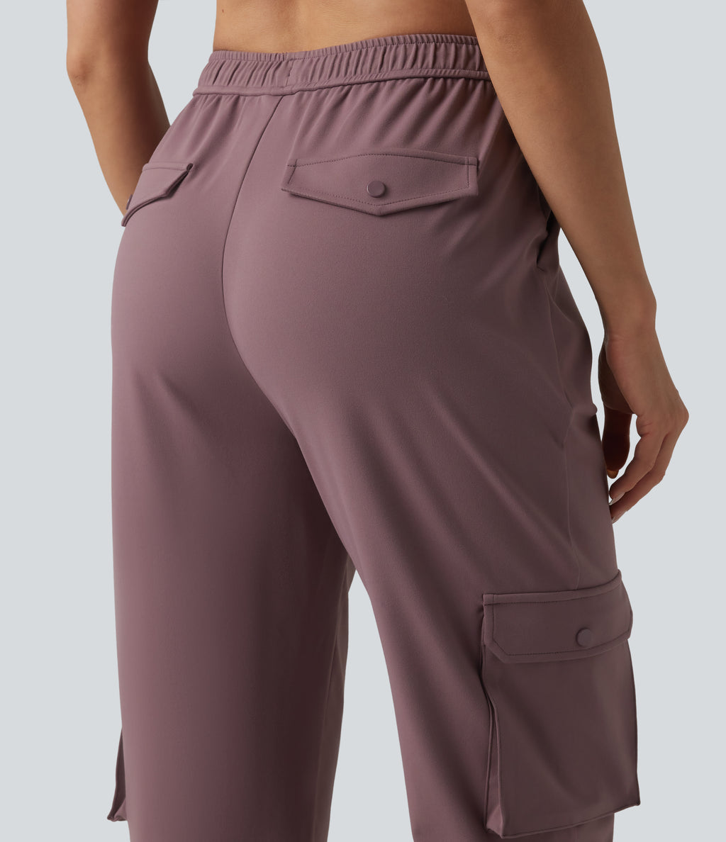 High Waisted Adjustable Drawcord Workout Cargo Tapered Trousers with Pockets — Purple Sandalwood — view 5