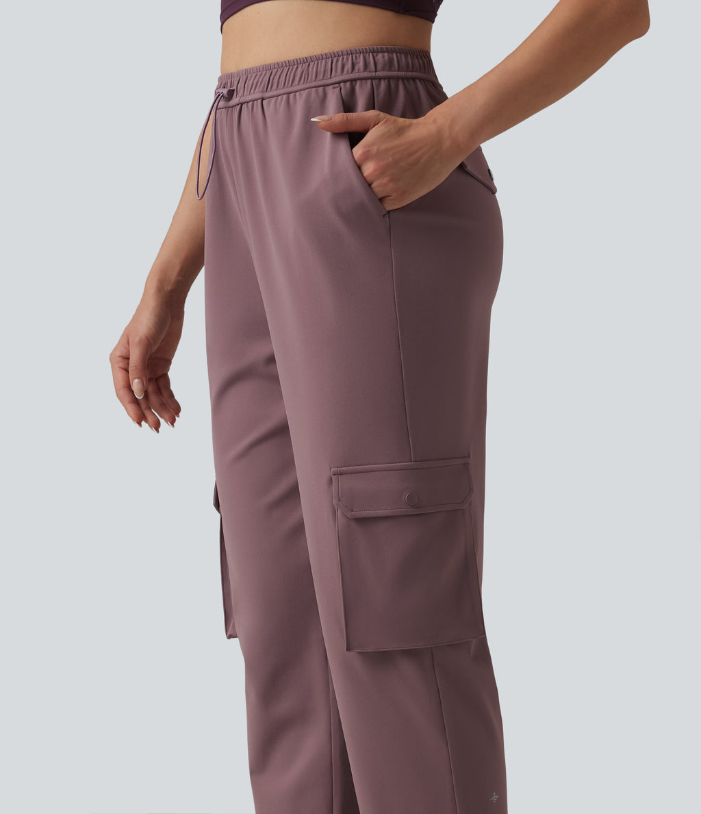 High Waisted Adjustable Drawcord Workout Cargo Tapered Trousers with Pockets — Purple Sandalwood — view 4