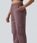 High Waisted Adjustable Drawcord Workout Cargo Tapered Trousers with Pockets — Purple Sandalwood — view 4