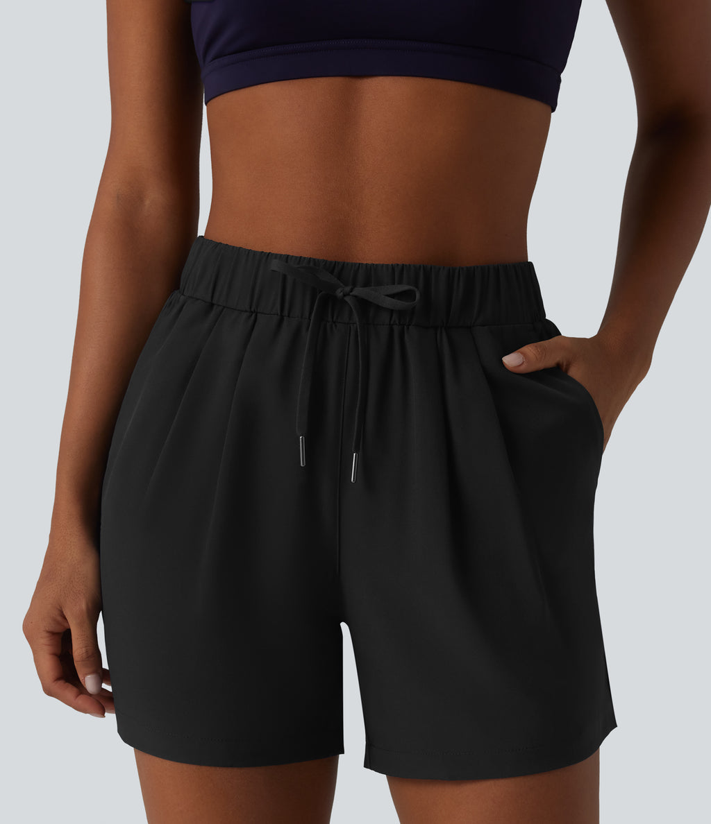 High Waisted Elastic Waistband Drawstring Pleated Yoga Shorts 5" with Pockets — Black — view 4