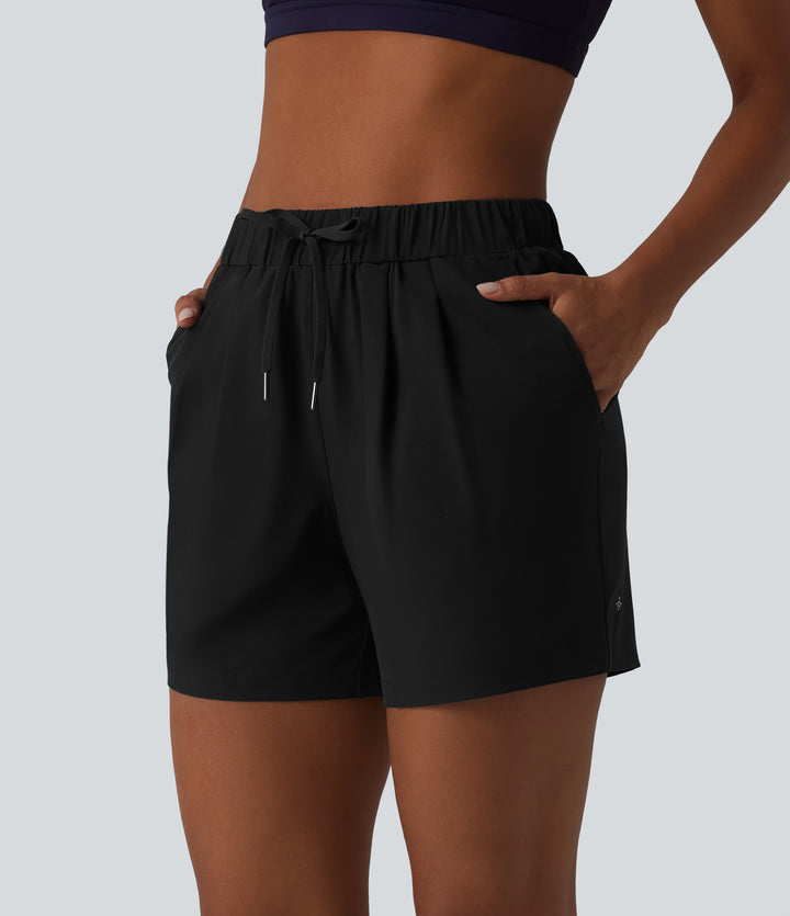 High Waisted Elastic Waistband Drawstring Pleated Yoga Shorts 5" with Pockets — Black — view 1