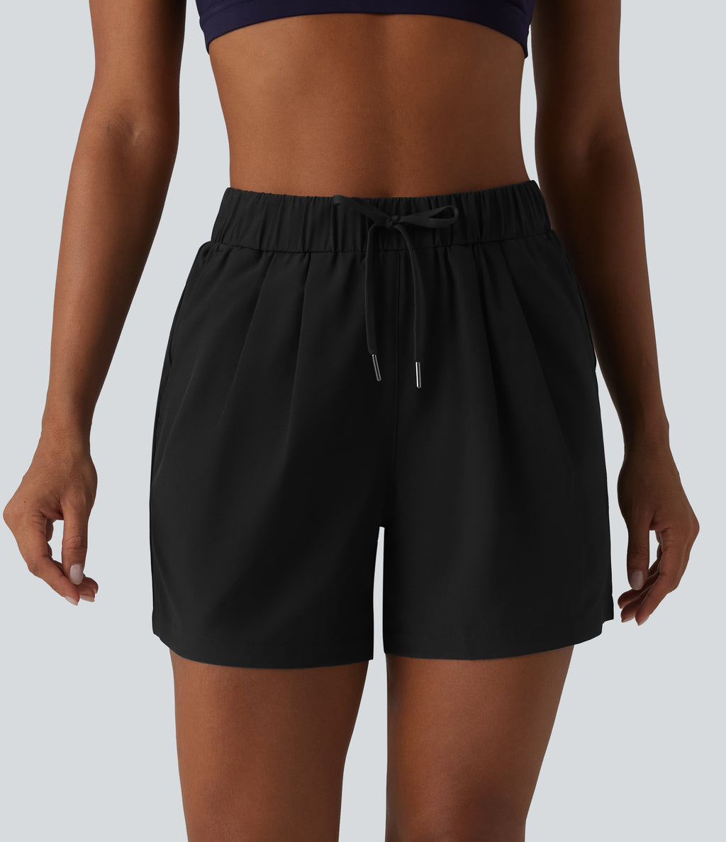 High Waisted Elastic Waistband Drawstring Pleated Yoga Shorts 5" with Pockets — Black — view 3