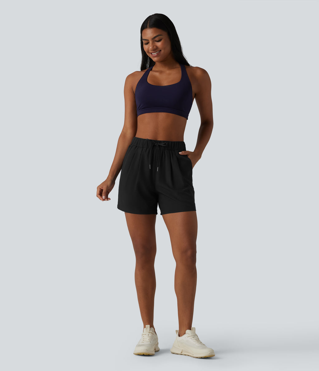 High Waisted Elastic Waistband Drawstring Pleated Yoga Shorts 5" with Pockets — Black — view 6