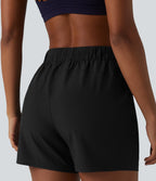 High Waisted Elastic Waistband Drawstring Pleated Yoga Shorts 5" with Pockets — Black — view 5