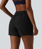 High Waisted Elastic Waistband Drawstring Pleated Yoga Shorts 5" with Pockets — Black — view 2