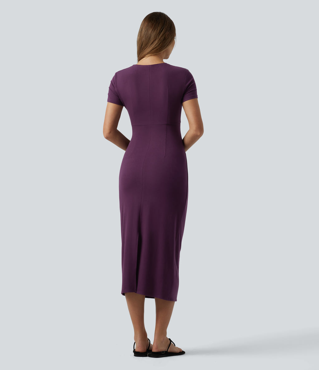 Round Neck Cut-out Short Sleeve Ruched Midi Casual Dress — Pickled Beet — view 2