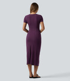 Round Neck Cut-out Short Sleeve Ruched Midi Casual Dress — Pickled Beet — view 2