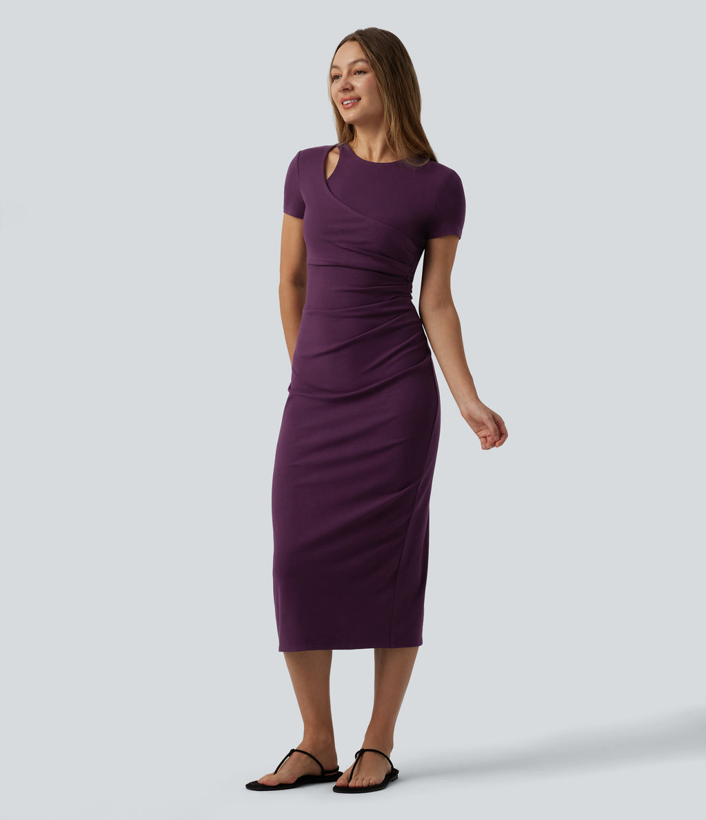 Round Neck Cut-out Short Sleeve Ruched Midi Casual Dress — Pickled Beet — view 3
