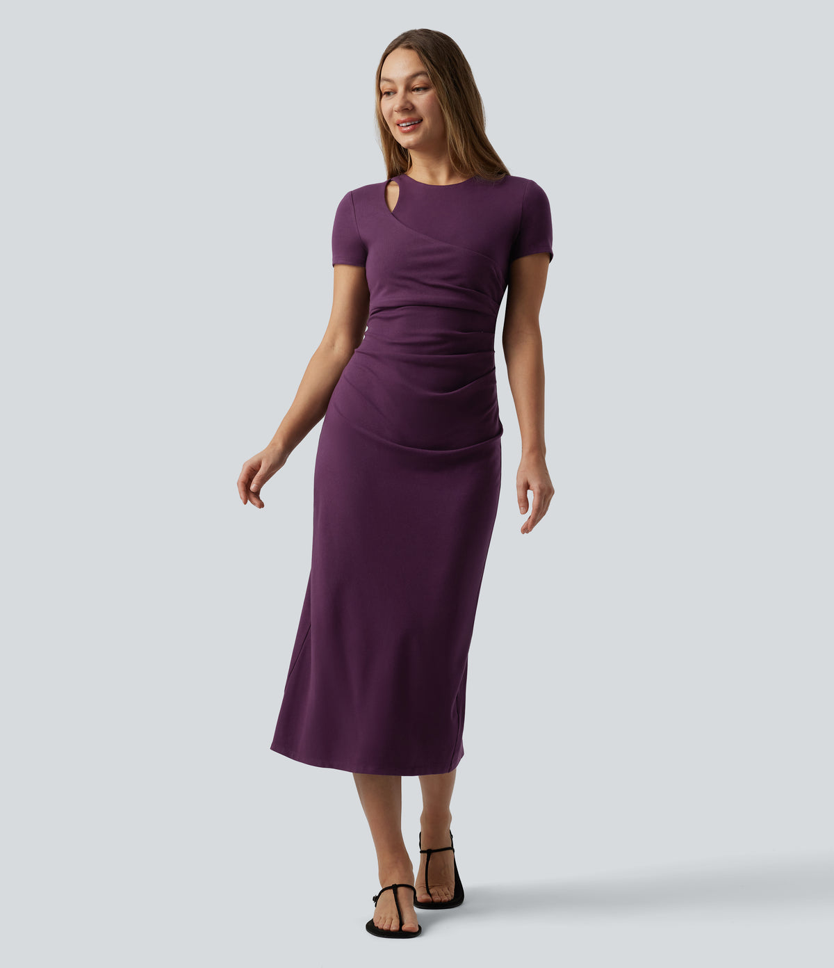 Round Neck Cut-out Short Sleeve Ruched Midi Casual Dress — Pickled Beet — view 1