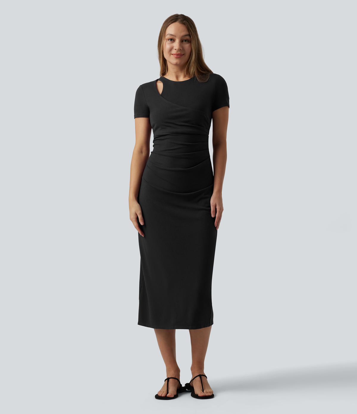 Round Neck Cut-out Short Sleeve Ruched Midi Casual Dress — Black — view 6