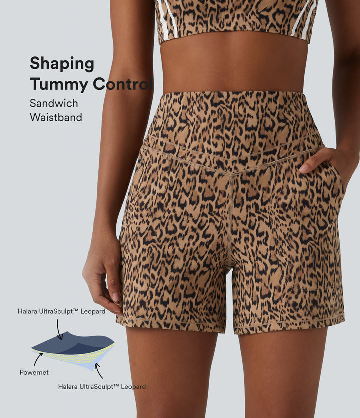 Leopard Print High Waisted Tummy Control Straight Leg Yoga Shorts 5'' with Pockets — Tan Leopard — view 1