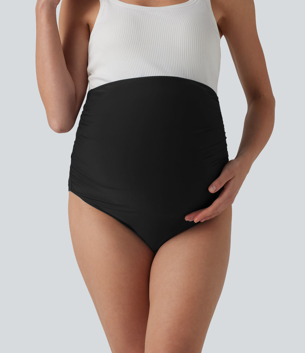 Super High Waisted Ruched Maternity Bikini Bottom Swimsuit — Black — additional view
