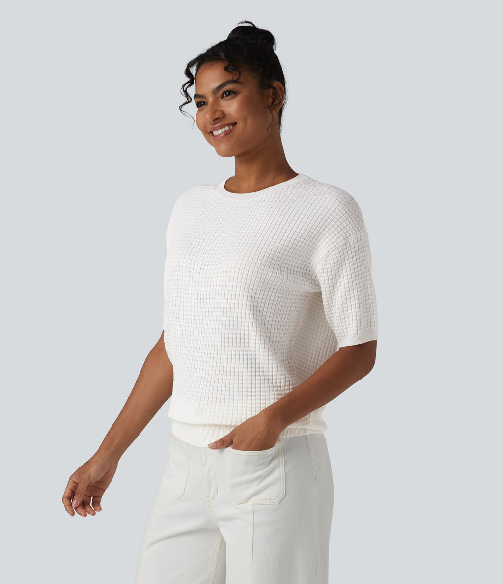 Round Neck Short Sleeve Waffle Casual Jumper — Jasmine White — view 4