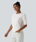 Round Neck Short Sleeve Waffle Casual Jumper — Jasmine White — view 4