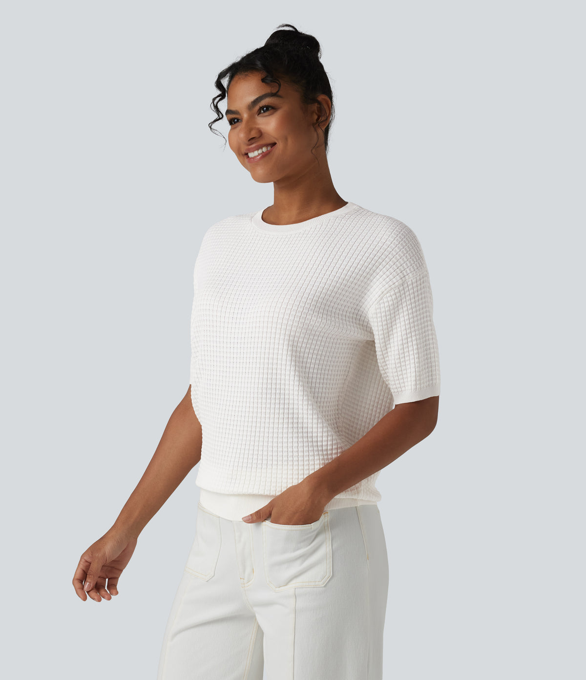 Round Neck Short Sleeve Waffle Casual Jumper — Jasmine White — view 4