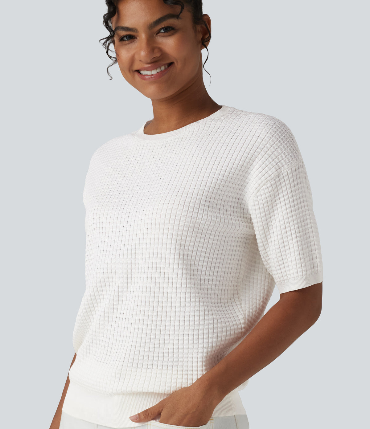 Round Neck Short Sleeve Waffle Casual Jumper — Jasmine White — view 1