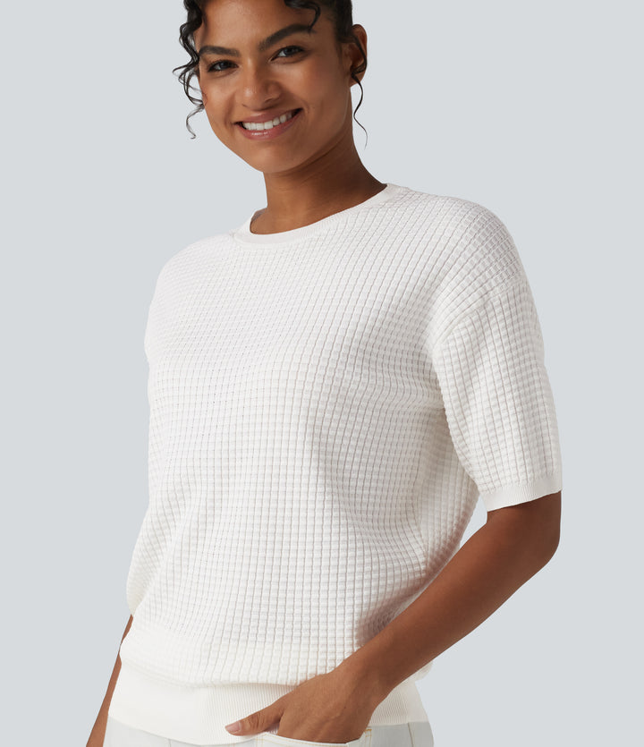 Round Neck Short Sleeve Waffle Casual Jumper — Jasmine White — view 1