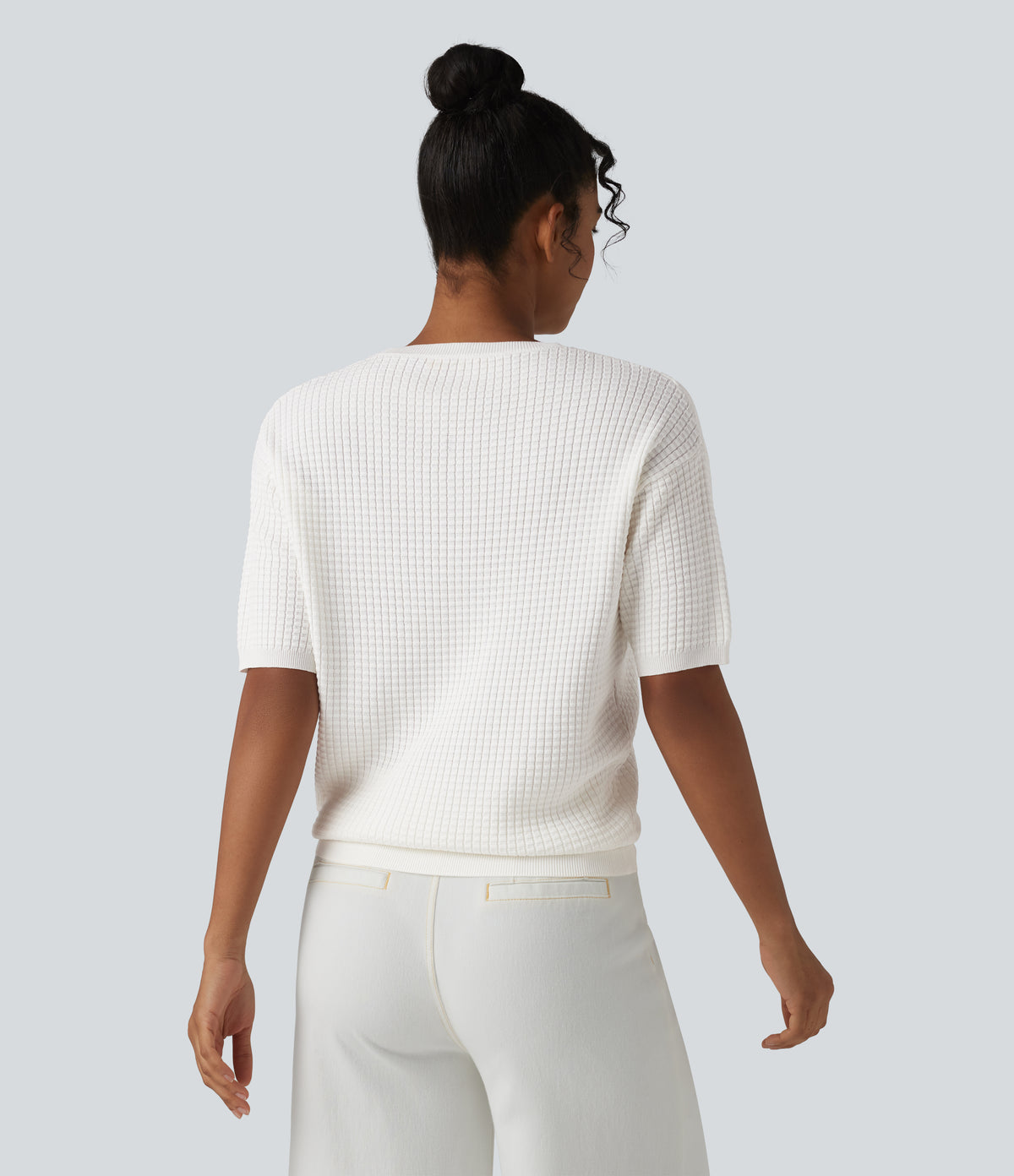 Round Neck Short Sleeve Waffle Casual Jumper — Jasmine White — view 2