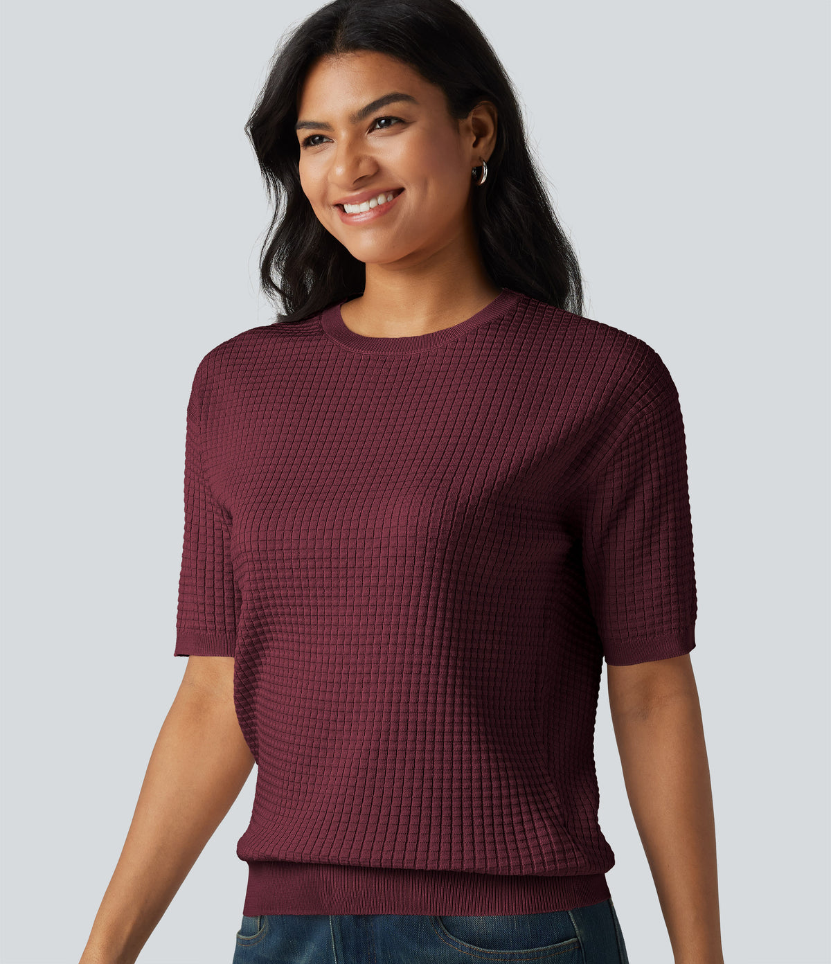Round Neck Short Sleeve Waffle Casual Jumper — Chocolate Truffle — view 6