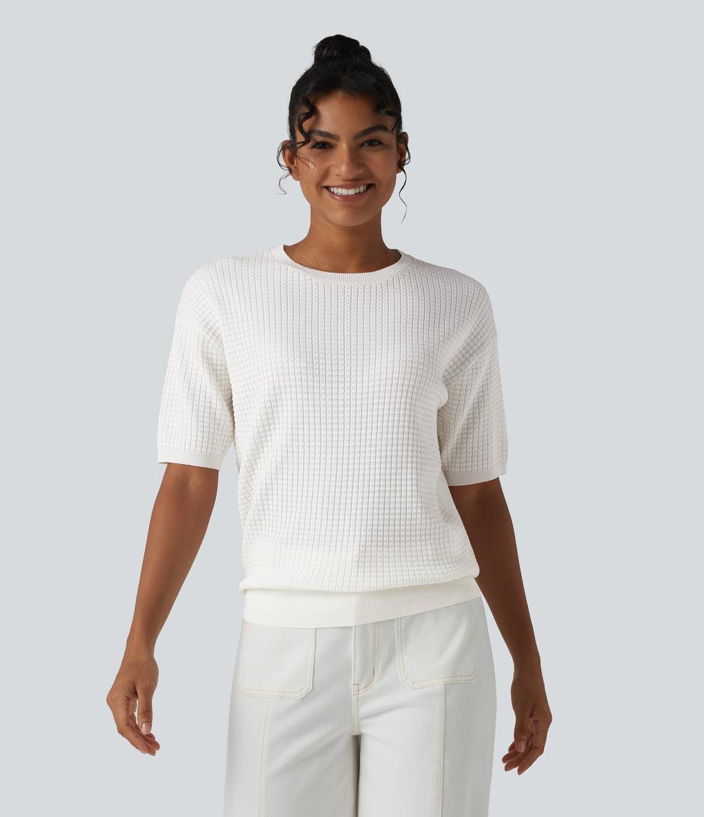 Round Neck Short Sleeve Waffle Casual Jumper — Jasmine White — view 3